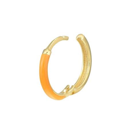These 14K Gold Earrings are part of the Hoop Collection and feature a sophisticated combination of shiny polished metal and neon orange enamel. Perfect as a gift, these 11x2mm gold hoop earrings are sure to be an eye catching statement piece. Crafted by Diamond Origin, they are an elegant and fashionable addition to any jewelry collection. gift for her, birthday gift, gold gift, love gift, Elegant and fashionable gold earrings, trendy gold earrings for all occasions gifts,