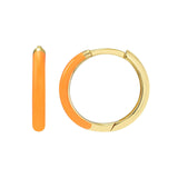 These 14K Gold Earrings are part of the Hoop Collection and feature a sophisticated combination of shiny polished metal and neon orange enamel. Perfect as a gift, these 11x2mm gold hoop earrings are sure to be an eye catching statement piece. Crafted by Diamond Origin, they are an elegant and fashionable addition to any jewelry collection. gift for her, birthday gift, gold gift, love gift, Elegant and fashionable gold earrings, trendy gold earrings for all occasions gifts,
