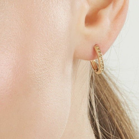 14K Gold Earrings 2023 Collection, 15mm 1/2 Channel Beads Hoops, Gold Hoop Earrings,  gift for her, birthday gift, gold gift, love gift,  Elegant and fashionable gold earrings, trendy gold earrings for all occasions gifts,  Gold earrings from Diamond Origin,