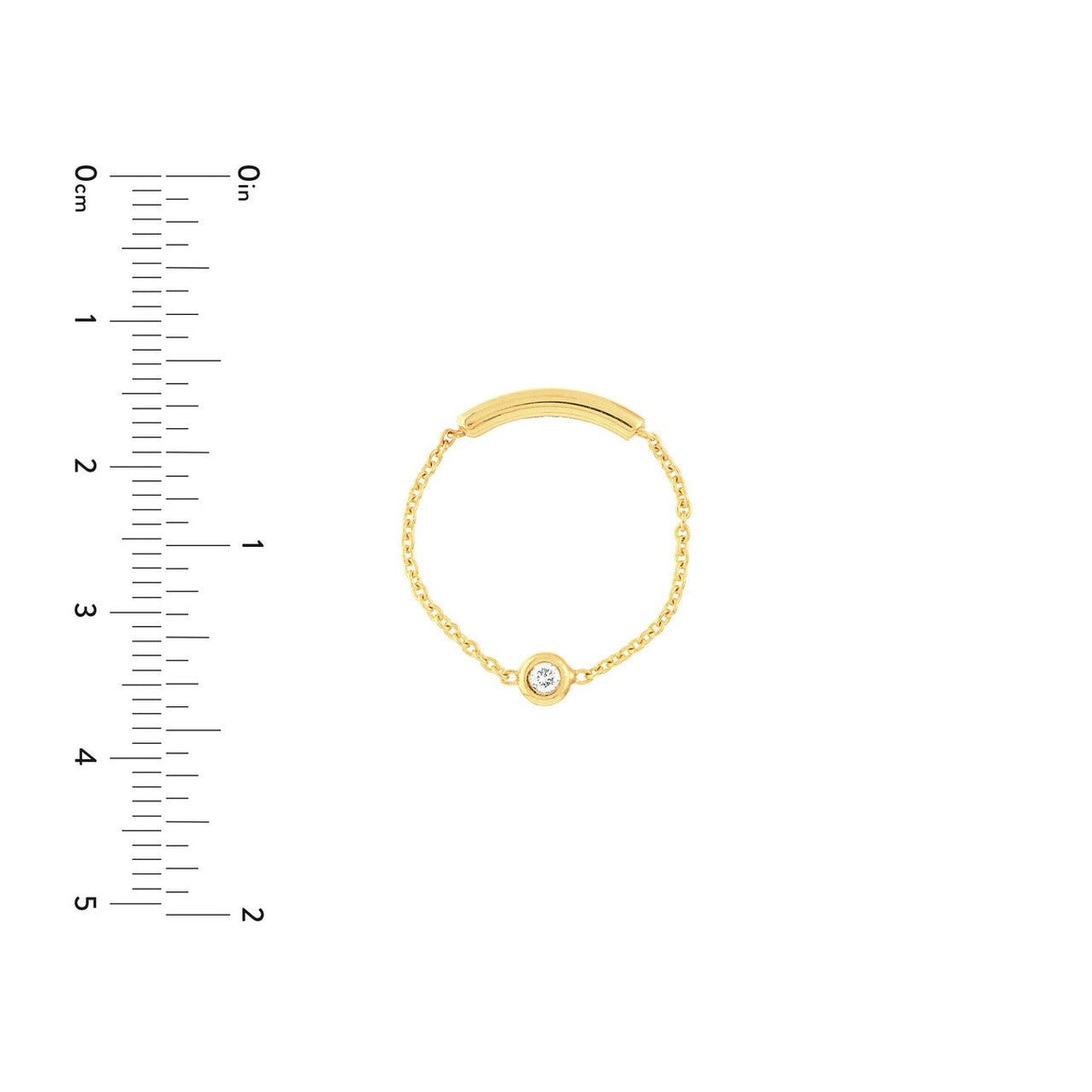  Diamond Bezel Chain Ring with a Sizing Bar. This eye-catching ring is crafted from high-quality materials, boasting a sleek and modern design that is perfect for everyday wear. The centerpiece of the ring is a beautiful 3pt diamond, securely held in place by a chic bezel setting. The chain link band adds a unique touch of style and sophistication, creating a truly one-of-a-kind piece. The Sizing Bar ensures a perfect fit, making this ring comfortable and easy to wear. 