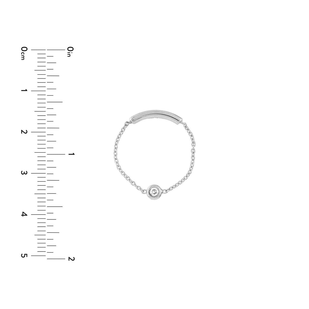  Diamond Bezel Chain Ring with a Sizing Bar. This eye-catching ring is crafted from high-quality materials, boasting a sleek and modern design that is perfect for everyday wear. The centerpiece of the ring is a beautiful 3pt diamond, securely held in place by a chic bezel setting. The chain link band adds a unique touch of style and sophistication, creating a truly one-of-a-kind piece. The Sizing Bar ensures a perfect fit, making this ring comfortable and easy to wear. 