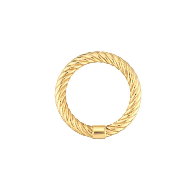 The 14K Gold Twisted Rope Tube Ring is elegantly displayed against a minimalist background, emphasizing its distinctive and eye-catching design. The luxurious shine of the 14-karat gold contrasts with the background, underlining the unique twisted rope texture and the smooth tubular band that are signatures of this standout piece, diamond origin,