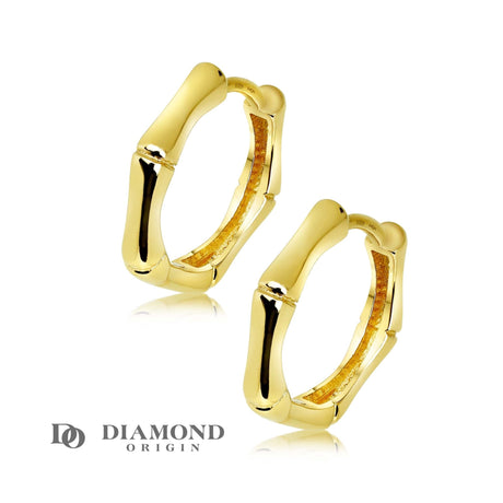 14K Solid Gold 12.50mm Bamboo Pentagon Hoops, Golden Hoop Earrings, - Diamond Origin