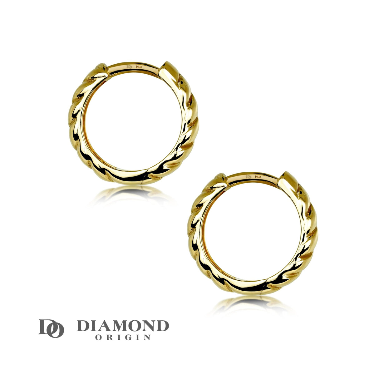 14K Solid Gold 3.5x13mm Medium Ribbed Polished Hoop Earrings, Golden Hoop Earrings, - Diamond Origin