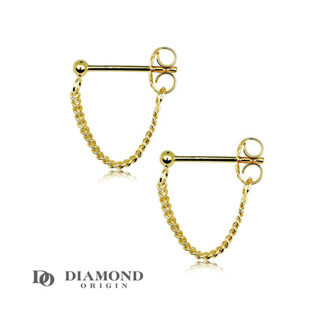 14K Solid Gold Earrings, Curb Chain Front-to-Back Earrings, Gold Chain Earring, Gold Fashion Earrings, - Diamond Origin