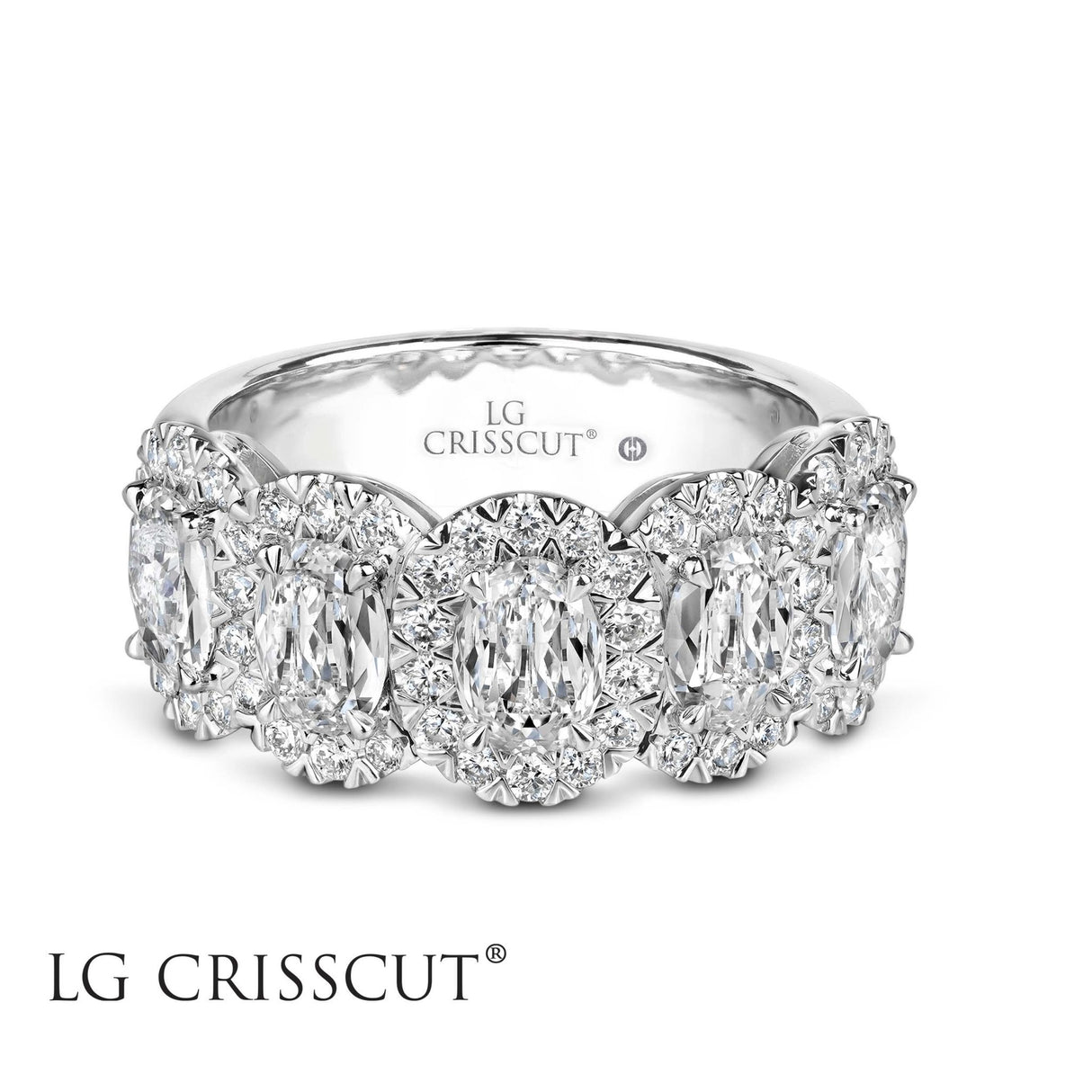 LG Crisscut Diamond Ring, 1.5 ct Oval Lab Grown L'Amour Diamond, 0.60 ct Round Diamond, - Diamond Origin
